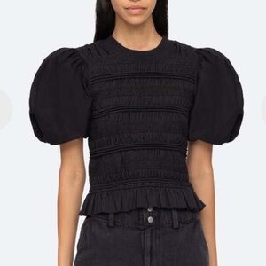 Sea New York Rita Black Puff Short Sleeve Top Blouse Small